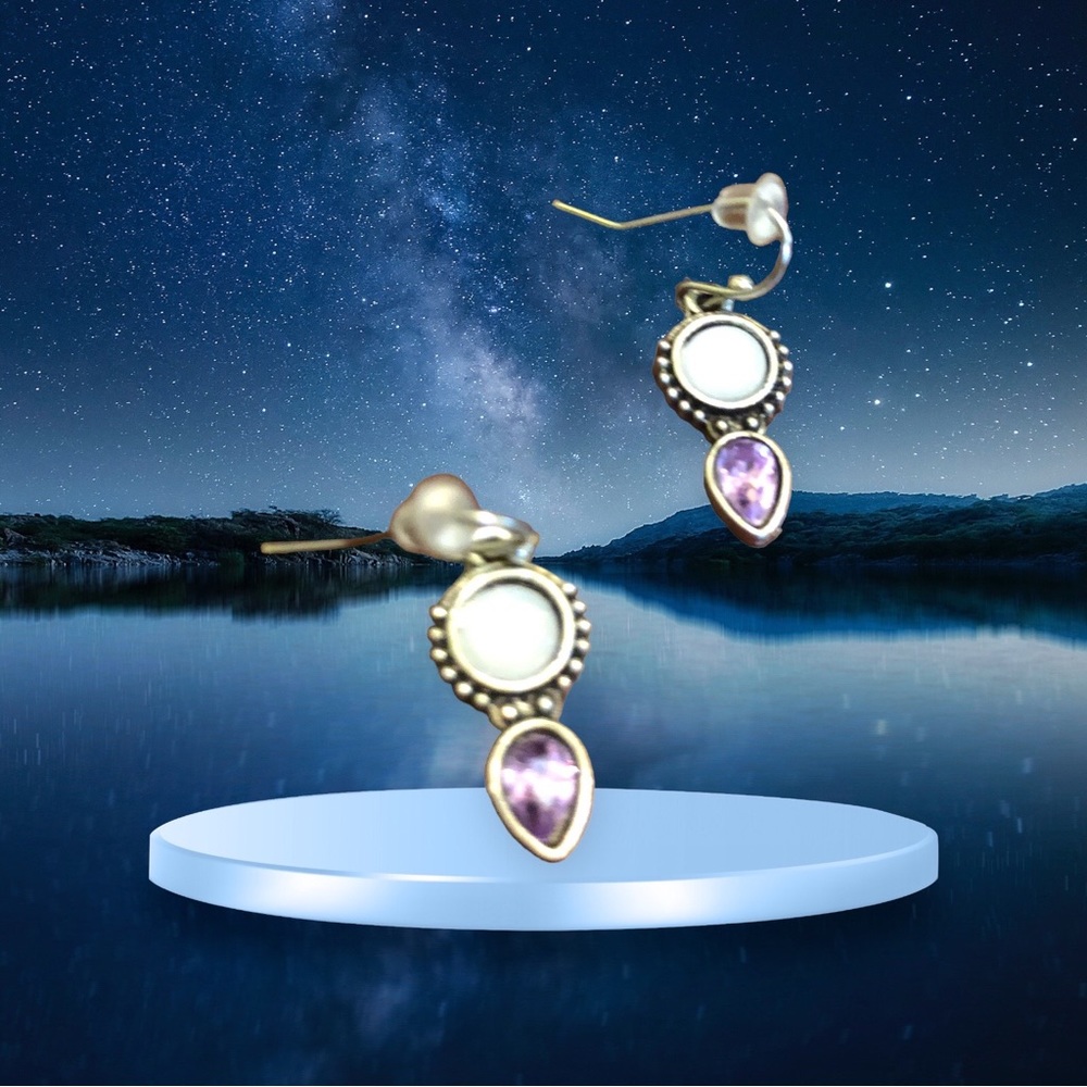 Yaomiao Crystal Dangle Circle/Water Drop Earrings White/Purple W - Picture 3 of 9
